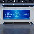 Modern Tech Interior With Large Blue Data Visualization Screen And Geometric Decor