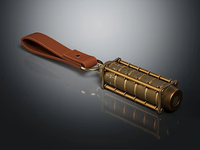 Vintage Brass Colored Metal Cylindrical Tool With Brown Leather Strap And Shiny Surface 3d model