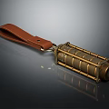 Vintage Brass Colored Metal Cylindrical Tool With Brown Leather Strap And Shiny Surface