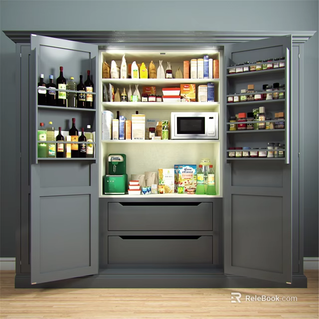 Organized Modern Kitchen Storage Cabinets With Open Shelves Drawers Microwave And Food Items 3d model 