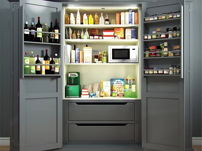 Organized Modern Kitchen Storage Cabinets With Open Shelves Drawers Microwave And Food Items 3d model