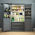 Organized Modern Kitchen Storage Cabinets With Open Shelves Drawers Microwave And Food Items
