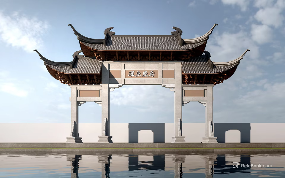 Traditional Chinese Paifang With Curved Eaves Tiled Roof And Water Reflection Under Blue Sky 3d model 