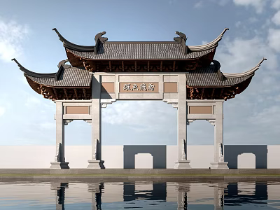 Traditional Chinese Paifang With Curved Eaves Tiled Roof And Water Reflection Under Blue Sky 3d model