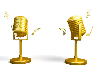 Two Golden Vintage Microphones with Floating Music Notes on White Background 3d model