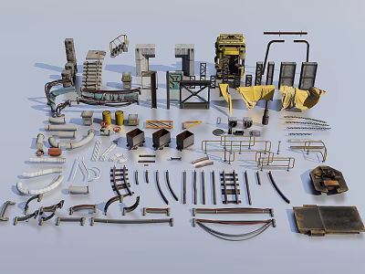 Various Industrial Equipment Parts And Components Including Metal Pipes Brackets And Structures 3d model