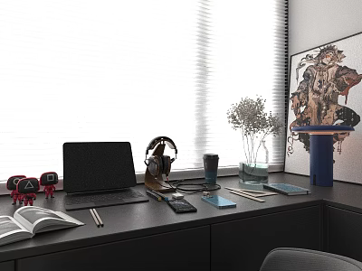 Modern Black Desk with Laptop Headphones Open Book Pen Cup Window Blinds and Wall Art 3d model