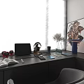 Modern Black Desk with Laptop Headphones Open Book Pen Cup Window Blinds and Wall Art