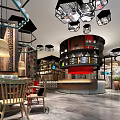 Elegant Restaurant Interior With Chandeliers Dining Tables Tile Walls And Decorative Ceiling