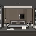 Modern Minimalist Bedroom Interior With Dark Bedhead Pillows Striped Rug And Window Blinds