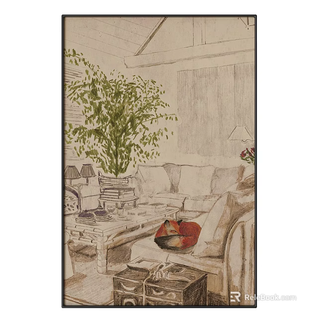 Plant Painting of Cozy Living Room with Sofa Coffee Table and Table Lamp 3d model 