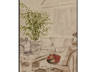 Plant Painting of Cozy Living Room with Sofa Coffee Table and Table Lamp 3d model