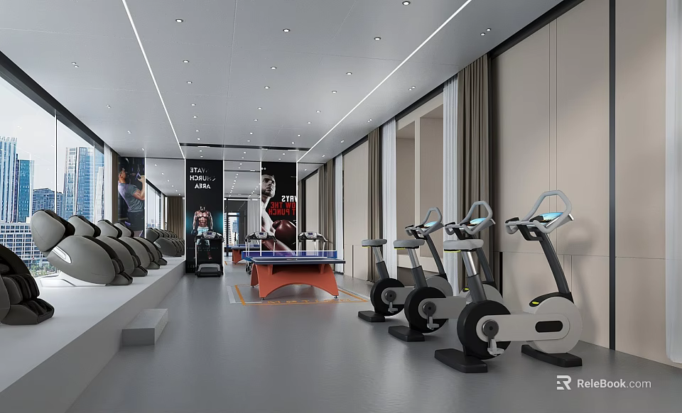 Modern Fitness Studio With Spin Bikes Treadmills Ping Pong Table 3d model 