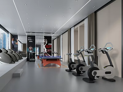 Modern Fitness Studio With Spin Bikes Treadmills Ping Pong Table 3d model