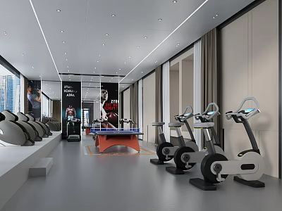 Modern Fitness Studio With Spin Bikes Treadmills Ping Pong Table 3d model