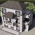 Two Story Detached Villa Exterior Design With Gray Walls Brown Windows And Balcony