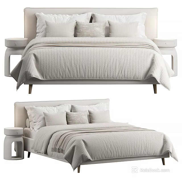 Minimalist Double Bed Design With Textured Bedspread Plush Pillows And Bedside Tables 3d model 