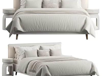 Minimalist Double Bed Design With Textured Bedspread Plush Pillows And Bedside Tables 3d model