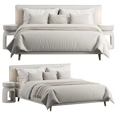 Minimalist Double Bed Design With Textured Bedspread Plush Pillows And Bedside Tables 3d model