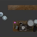 Wooden Workbench With Red Liquid Container Transparent Containers Blue Buckets Metal Tools And Clay Pot
