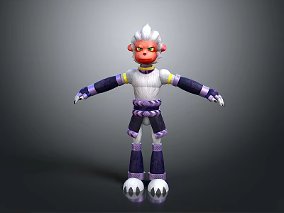 Animated Game Character With White Hair Red Face Purple White Outfit Clawed Feet Design 3d model
