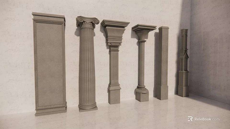 Classical Roman Columns Featuring Various Architectural Styles Different Heights And Decorative Details 3d model