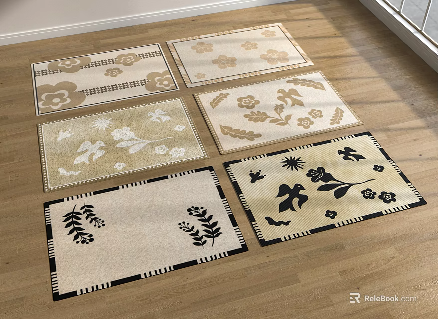 Square Rugs with Various Floral Leaf Patterns Beige Background Black Borders Laid on Wooden Floor 3d model 