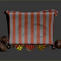 Fruit Stand With Red White Striped Canopy Wooden Frame Fruit Baskets And Clay Pots