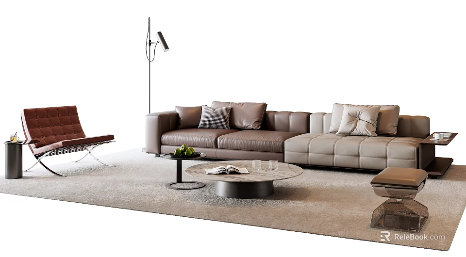 Modern Sofa Coffee Table Combination With Pillows Floor Lamp And Armchair On Rug 3d model 