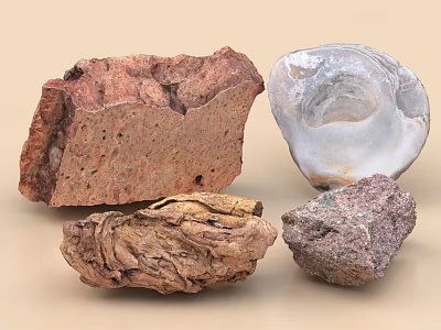 Natural Stone And Wood Collection With Red Brown Rock White Veined Stone And Rough Textured Timber 3d model