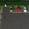 Parking Lot With Multiple Parked Cars Railing And Green Plants Near High Rise Buildings