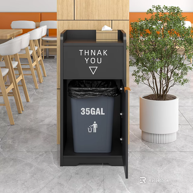 Hotel Lobby Featuring 35GAL Trash Bin Potted Plant And Wooden Tables Chairs 3d model 