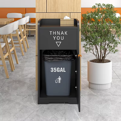 Hotel Lobby Featuring 35GAL Trash Bin Potted Plant And Wooden Tables Chairs 3d model