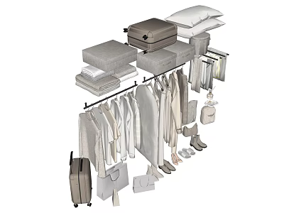 Organized Clothes Storage with Hanging Garments Folded Items Suitcase and Shelf Units 3d model