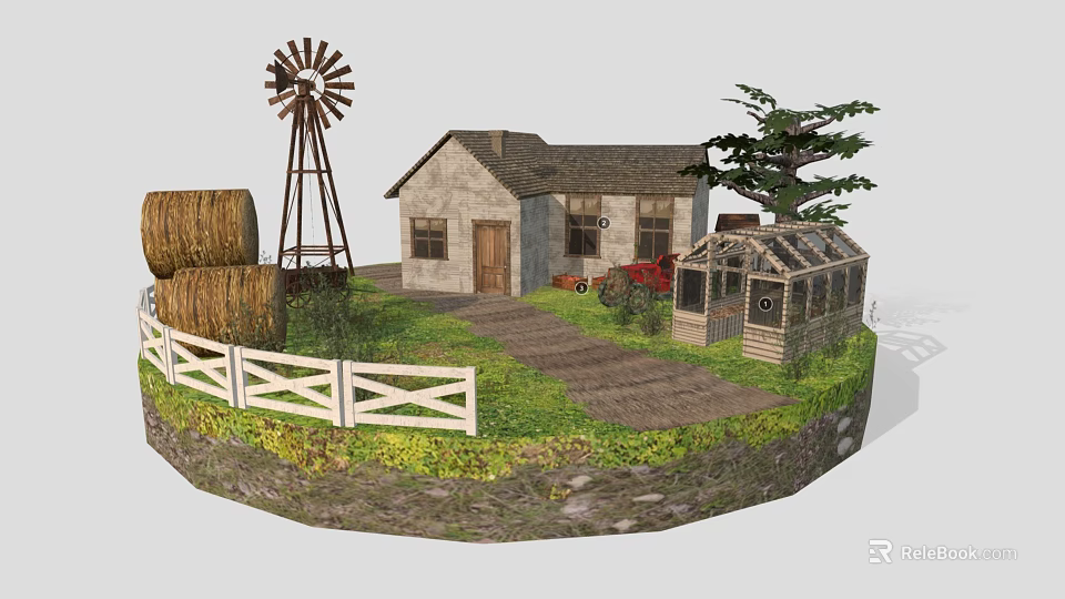 Pastoral Landscape with Windmill Hay Bales Stone House Greenhouse White Fence and Dirt Path 3d model 