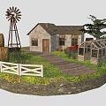 Pastoral Landscape with Windmill Hay Bales Stone House Greenhouse White Fence and Dirt Path