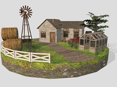 Pastoral Landscape with Windmill Hay Bales Stone House Greenhouse White Fence and Dirt Path 3d model
