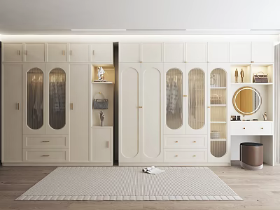 Modern White Wardrobe Interior With Glass Doors Drawers Mirror And Storage Space 3d model