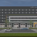Modern Multi Storey Office Building With Glass Windows Gray White Facade And Urban Trees