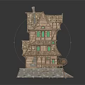 Cartoon Style Multi storey Wooden House Scene With Green Windows Tiled Roof And Stone Base