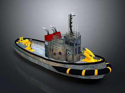 Wooden Boat with Yellow Equipment Metal Red Superstructure and Black Yellow Fenders 3d model