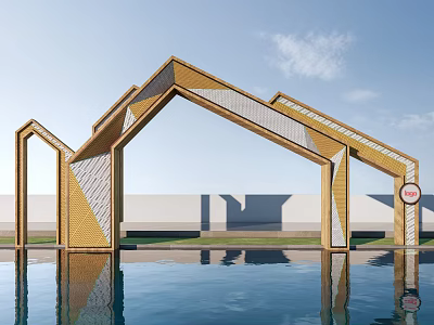 Modern Yellow Geometric Arched Architectural Structure With Water Pool Reflection 3d model