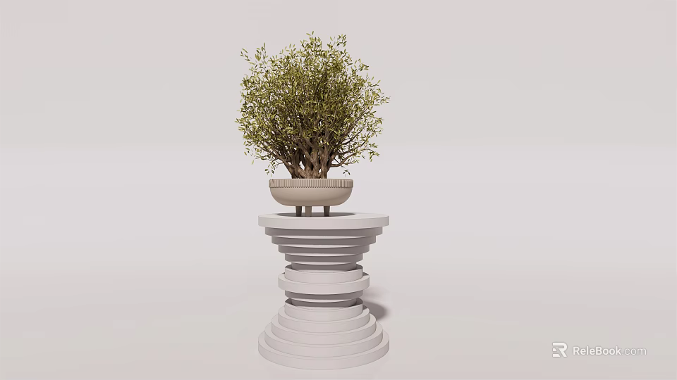 Elegant Bonsai Plant in Light Colored Pot on White Spiral Multi Layered Pedestal 3d model 