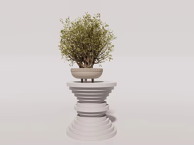 Elegant Bonsai Plant in Light Colored Pot on White Spiral Multi Layered Pedestal 3d model