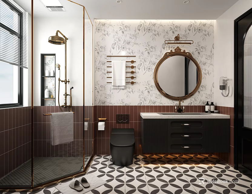 Modern Bathroom Interior Design With Round Mirror Shower Area And Tile Floor 3d model 
