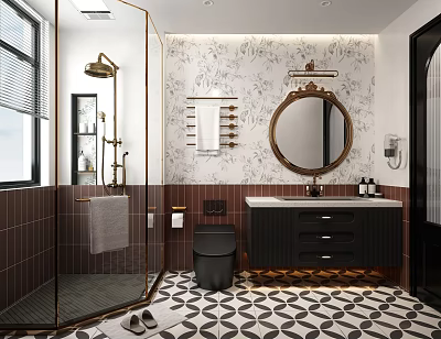 Modern Bathroom Interior Design With Round Mirror Shower Area And Tile Floor 3d model