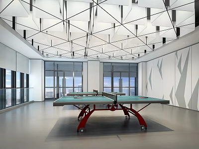 Spacious Indoor Sports Fitness Area With Modern Ceiling Design And Ping Pong Table 3d model