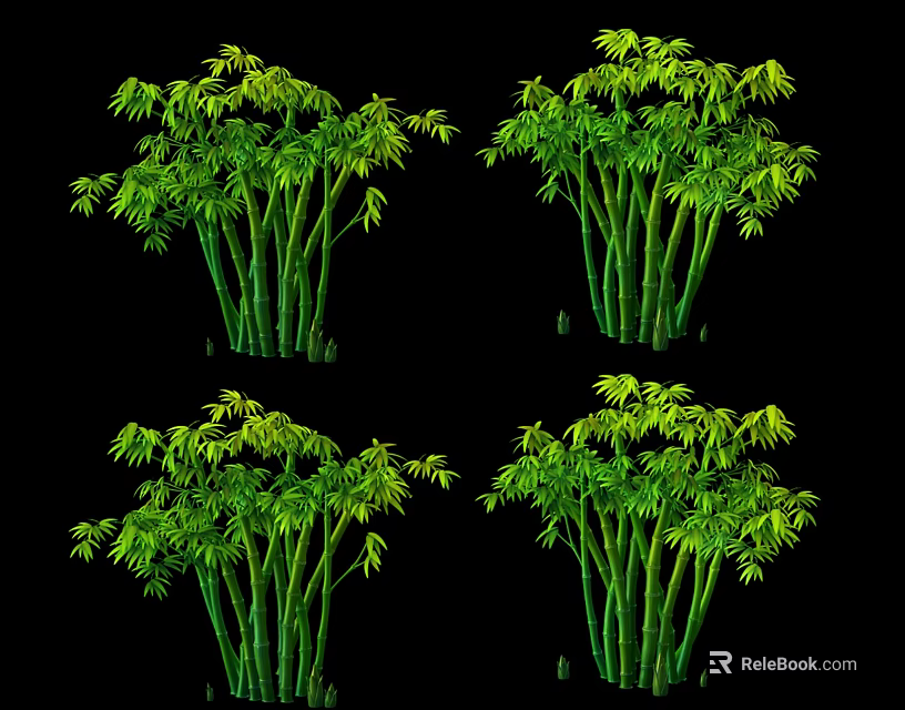 Four Clusters of Lush Green Bamboo Plants With Leaves Against Black Background 3d model 