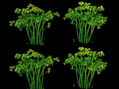 Four Clusters of Lush Green Bamboo Plants With Leaves Against Black Background 3d model
