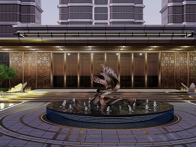 Luxurious Main Entrance Gate With Central Fountain Sculpture And Modern Buildings 3d model